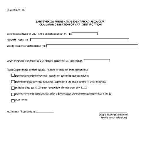 Document preview: Zahtevek za prenehanje identifikacije za DDV — Obrazci DDV, Slovenija (CERFA n°DDV-DeDDV)