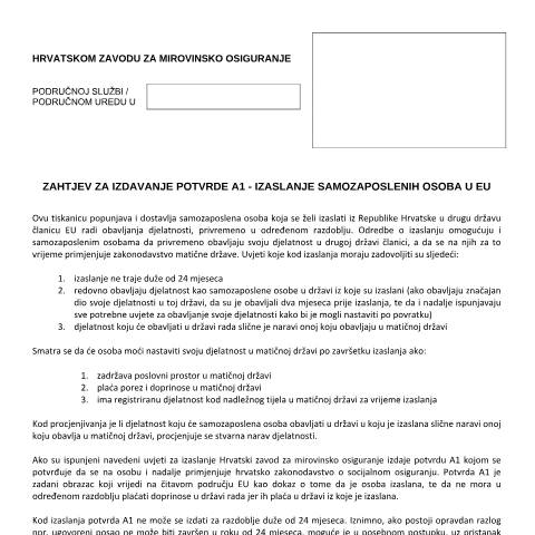 Document preview: ZAHTJEV A1 SAMOZAPOSLENI — Mirovinsko (pension), Hrvatska (CERFA n°ZAHTJEV_A1_SAMOZAPOSLENI)