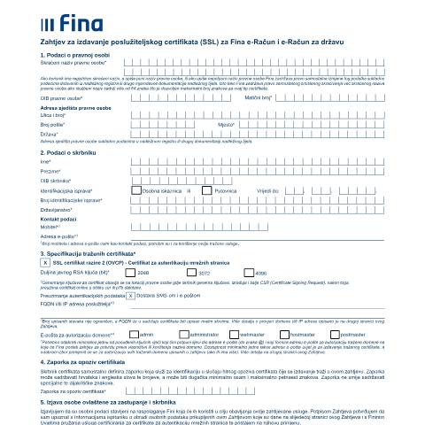 Document preview: ZahtjevPosluziteljskieIDASeRacun — FINA, Hrvatska (CERFA n°ZahtjevPosluziteljskieIDASeRacun)