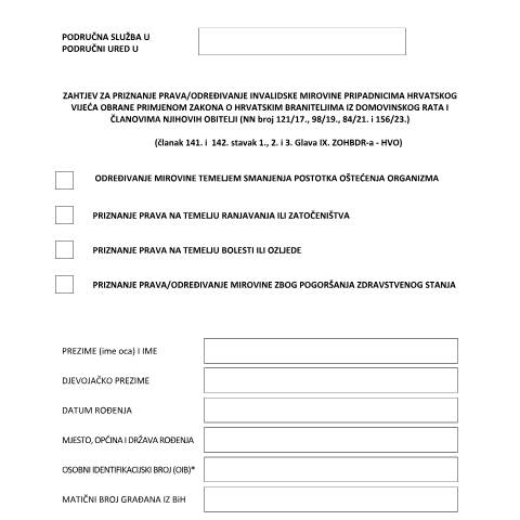 Document preview: Tiskanica zahtjeva za invalidsku mirovinu HVO — Mirovinsko (pension), Hrvatska (CERFA n°Tiskanica_zahtjeva_za_invalidsku_mirovin)
