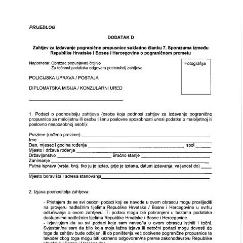 Document preview: ZAHTJEV ZA IZDAVANJE POGRANICNE PROPUSNICE (002) — MUP (interieur), Hrvatska (CERFA n°ZAHTJEV ZA IZDAVANJE POGRANICNE PROPUSNI)