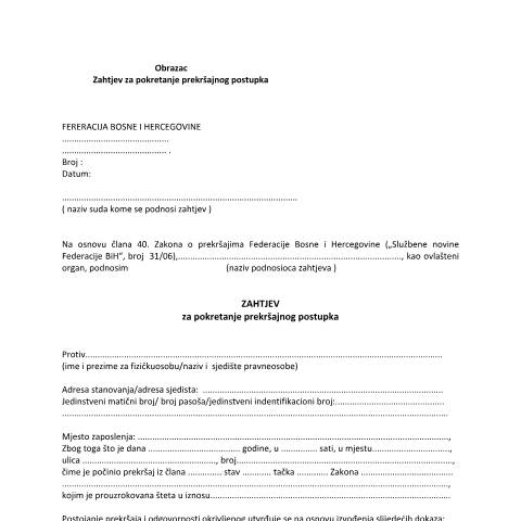Document preview: ZAHTJEV ZA POKRETANJE PREKRŠAJNOG POSTUPKA — Zahtjev, Bosna i Hercegovina (CERFA n°ZPPP)