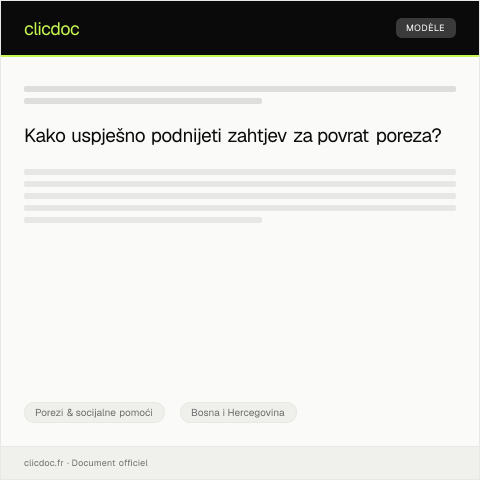 Document preview: Zahtjev za povrat poreza ili poreznu olakšicu — Porezi & socijalne pomoći, Bosna i Hercegovina