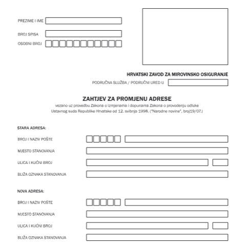 Document preview: zahtjev za promjenu adrese — Mirovinsko (pension), Hrvatska (CERFA n°zahtjev_za_promjenu_adrese)