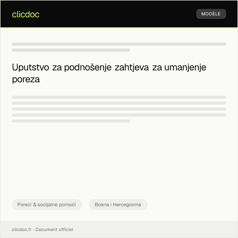 Document preview: Zahtjev za umanjenje poreza — Porezi & socijalne pomoći, Bosna i Hercegovina