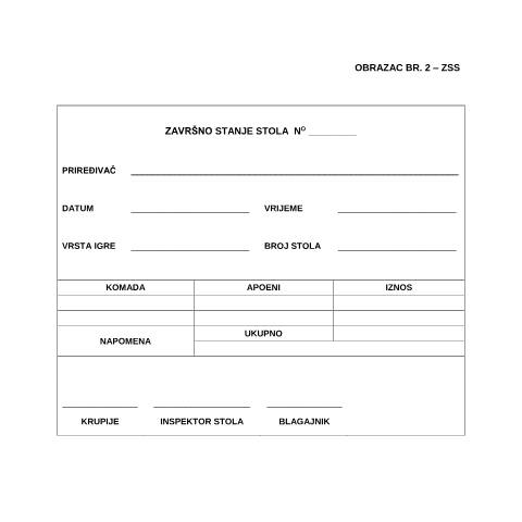 Document preview: ZAVRŠNO STANJE STOLA — Obrazac | Igre na sreću, Bosna i Hercegovina (CERFA n°ZSS)