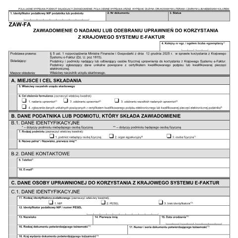 Document preview: Zawiadomienie o nadaniu lub odebraniu uprawnień do korzystania z krajowego systemu e-faktur — VAT, Polska (CERFA n°ZAW-FA)