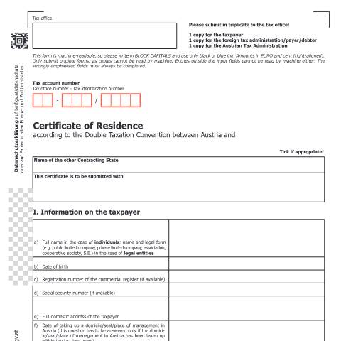 Dokumentvorschau: ZS-AE — Certificate of Residence — Steuern, Österreich (CERFA n°ZS-AE)