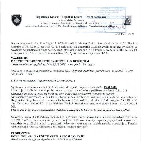 Document preview: Vazhdim i afatit të njoftimit të jashtëm për rekrutim — Employment, Kosovë
