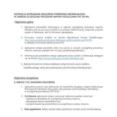 Document preview: Zgłoszenie pośrednika informujące w zakresie szczególnej procedury importu rozliczania VAT (IOSS) — VAT, Polska (CERFA n°VII-RP (IOSS))
