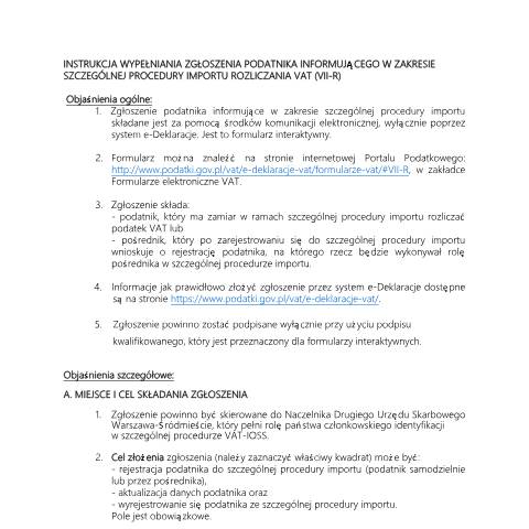 Document preview: Zgłoszenie podatnika informujące w zakresie szczególnej procedury importu rozliczania VAT (IOSS) — VAT, Polska (CERFA n°VII-R (IOSS))