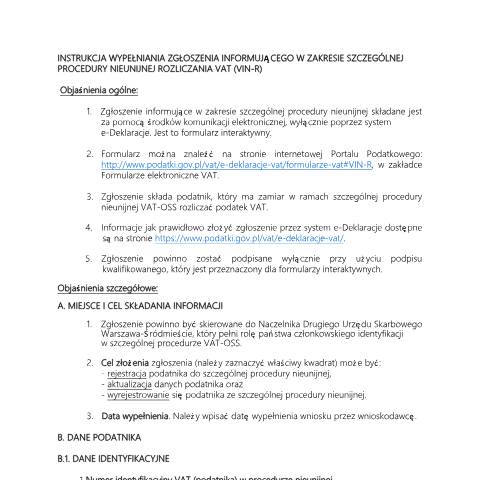 Document preview: Zgłoszenie informujące w zakresie szczególnej procedury nieunijnej rozliczania VAT (OSS) — VAT, Polska (CERFA n°VIN-R (OSS))