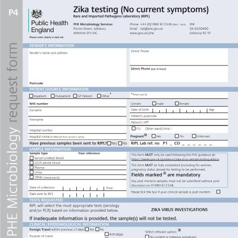 Document preview: Zika virus testing: request form — Public Health England, United Kingdom