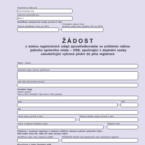 Document preview: Žádost o změnu registračních údajů zprostředkovatele ve zvláštním režimu jednoho správního místa - OSS, spočívající v doplnění osoby uskutečňující vybraná plnění do jeho registrace — Daň z přidané hodnoty — Registrace, Česko (CERFA n°25 5135)