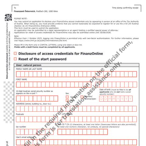 Dokumentvorschau: FON1NPEN — Disclosure of access credentials for FinanzOnline/Reset of the start password — Steuern, Österreich (CERFA n°FON1NPEN)
