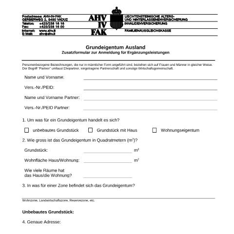 Dokumentvorschau: 5.2 Zusatzformular für ausländisches Grundeigentum zur Anmeldung der EL ( — AHV-IV-FAK (Sozialversicherung), Liechtenstein (CERFA n°AHV-IV-FAK-FORM-5-02--Zusatzformular_Anmeldung_EL)