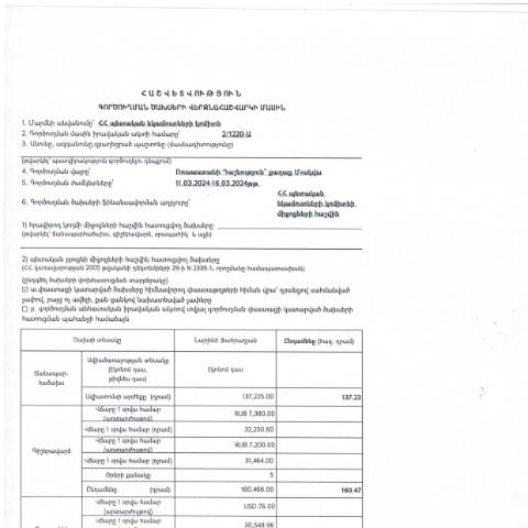 Document preview: Հաշվետվություն՝ 2024թ․ մարտի 11-ից մարտի 16-ը Ռուսաստանի Դաշնություն (ք․ Մոսկվա) գործուղման ծախսերի վերջնահաշվարկի մասին — Հաշվետվություն (rapport), Հայաստան