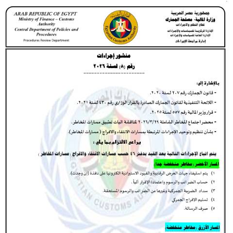 Document preview: بشأن تنظيم وتوحيد الاجراءات المرتبطة بمسارات الانتقاء والافراج (مسارات المخاطر ) . — منشورات الجمارك - فئة 4, مصر (CERFA n°منشور 8)